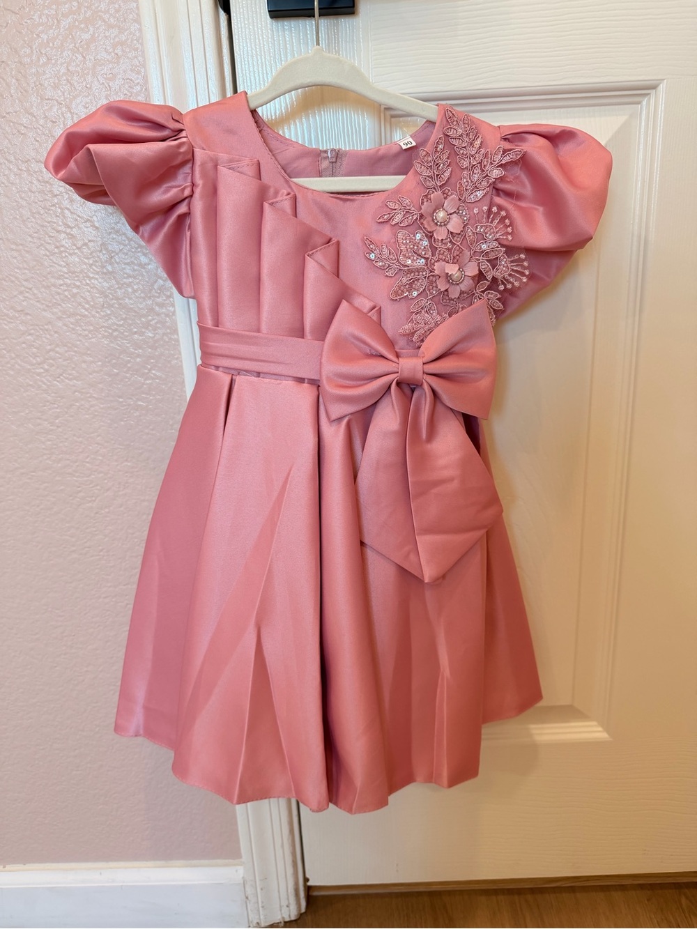 Baby Girls’ Pink Satin Party Dress with Bow and Floral Applique